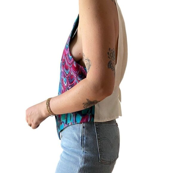 Vintage 1990s Womens Geometric Swirl Abstract Blue Preppy Vest Waistcoat Sz L - Picture 2 of 3